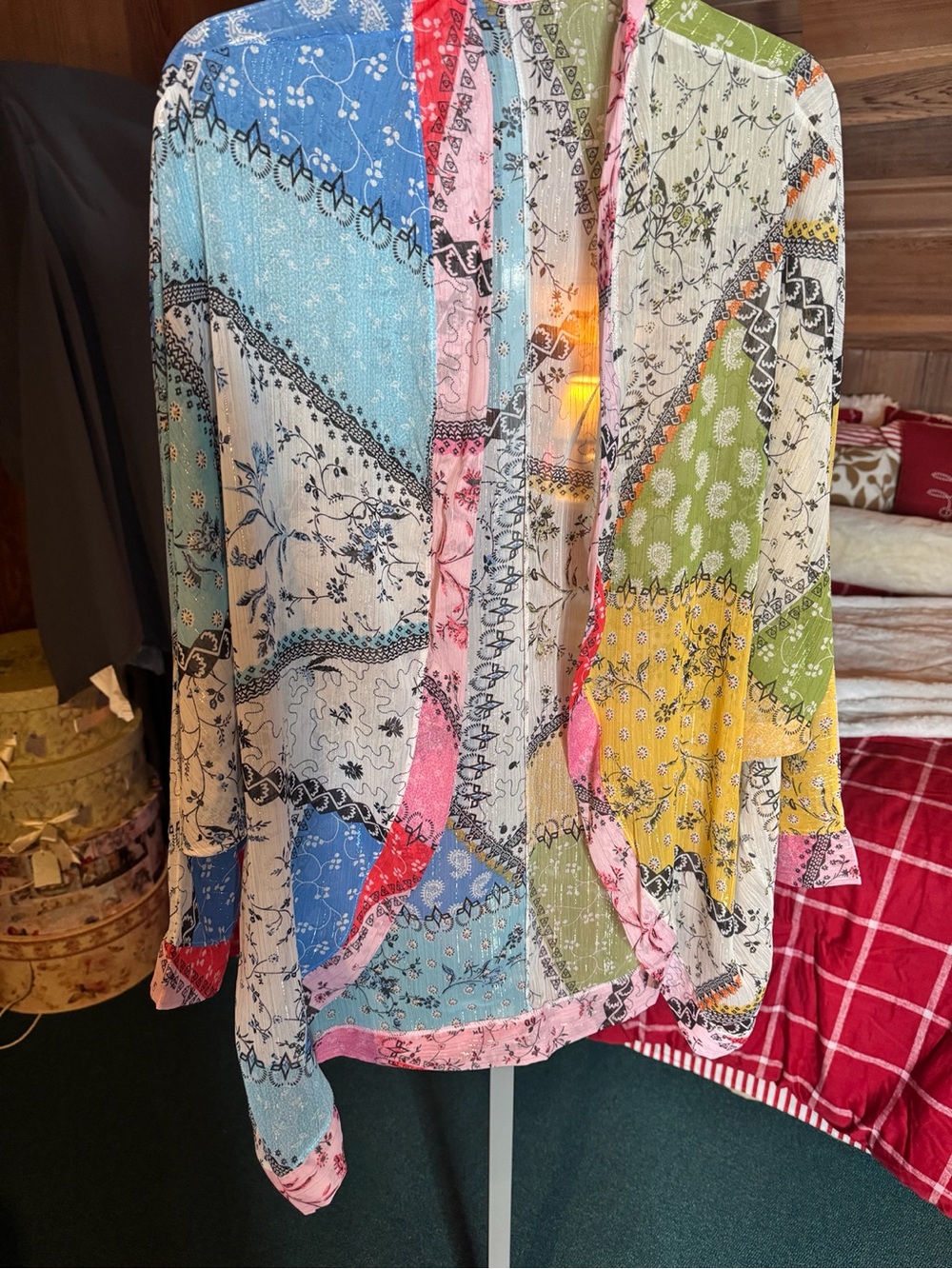 Boho Patchwork Kimono Cover Up Open Front Lightweight One Size Beach - Picture 2 of 2